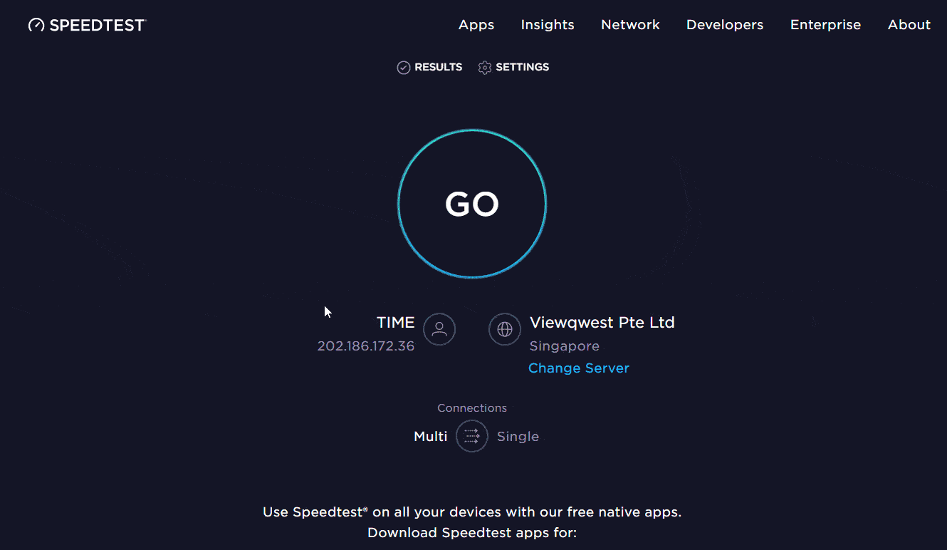 Speed test without a VPN connection active