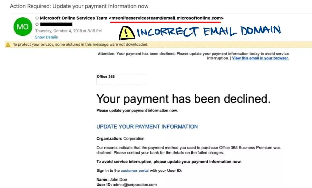 spoofer spoofing as microsoft with incorrect email domain