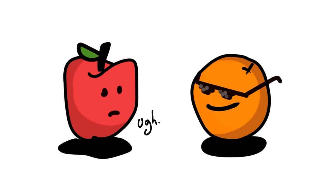 cartoon apple feeling inferior to cool orange