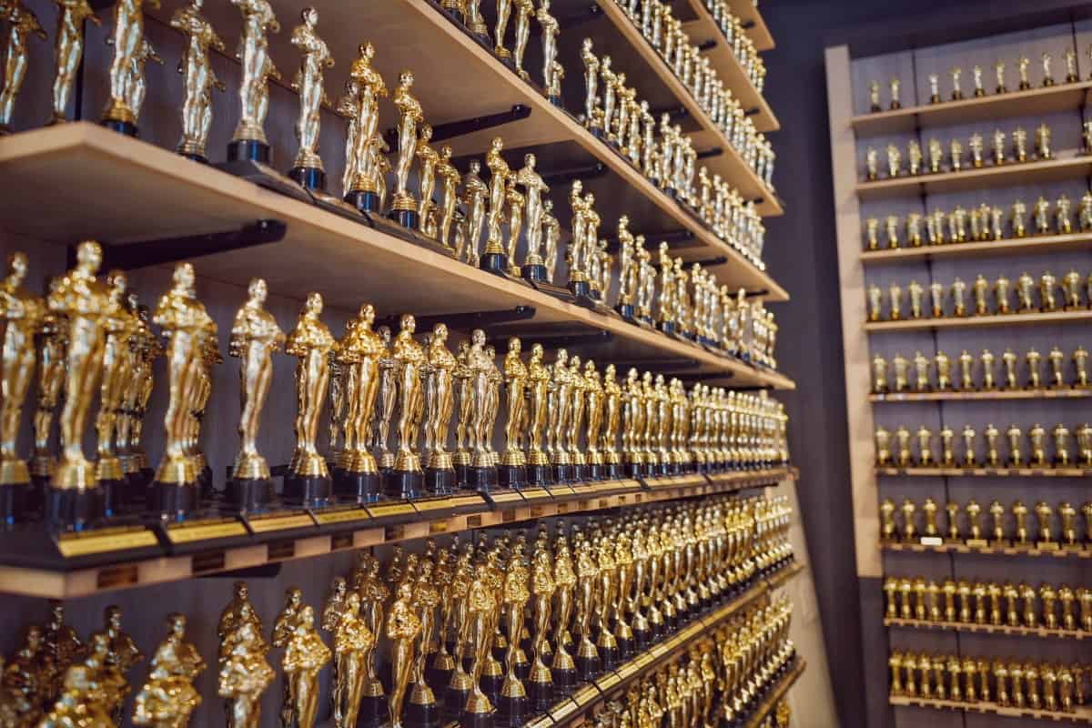 golden figures on shelves
