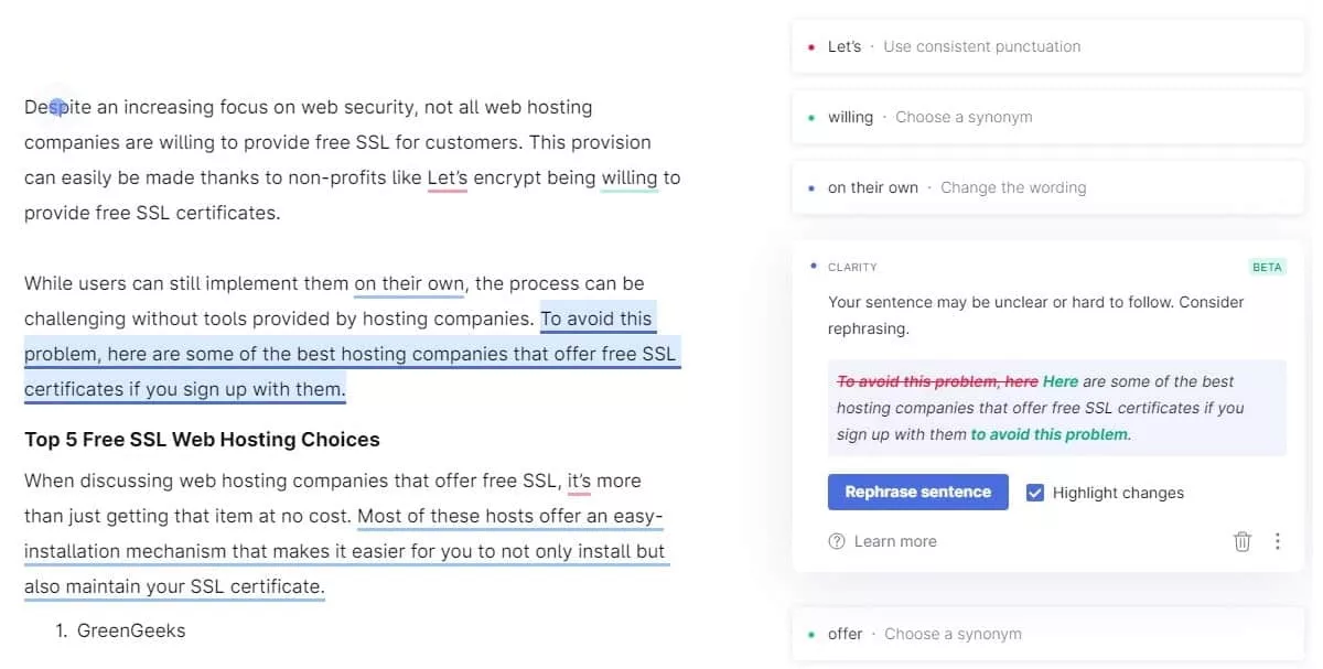 grammarly premium offering suggestions to rephrase a sentence 