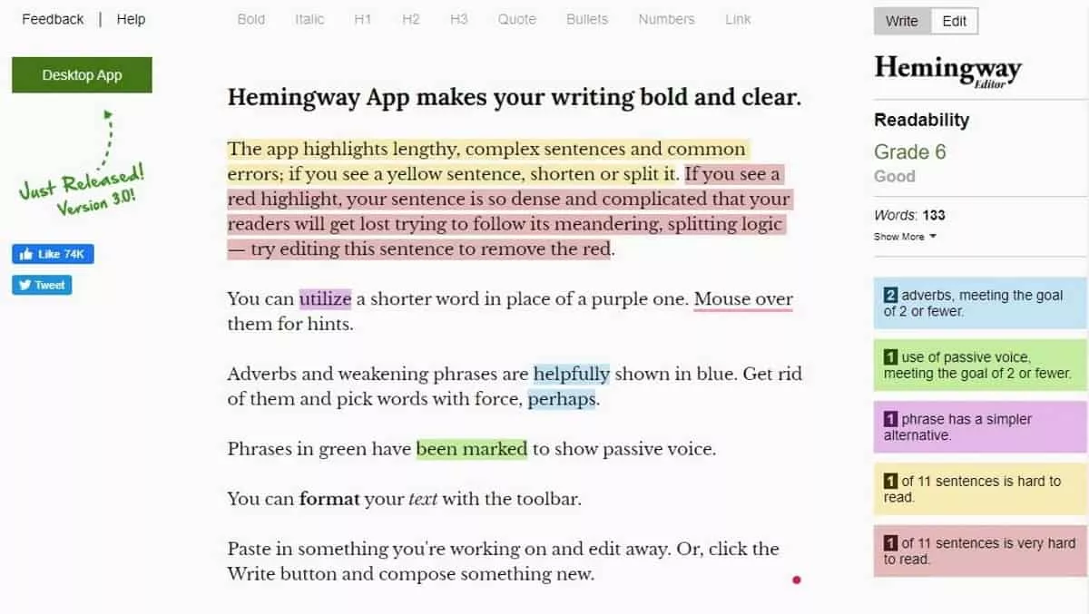 hemingway app grammar checker interface