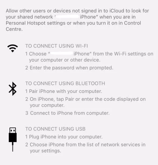 connect to personal hotspot via wifi bluetooth or usb on ios