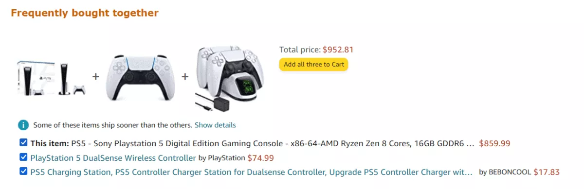 Amazon upsells by offering frequently bought together items with a product