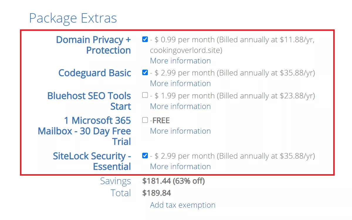 bluehost additional features at checkout