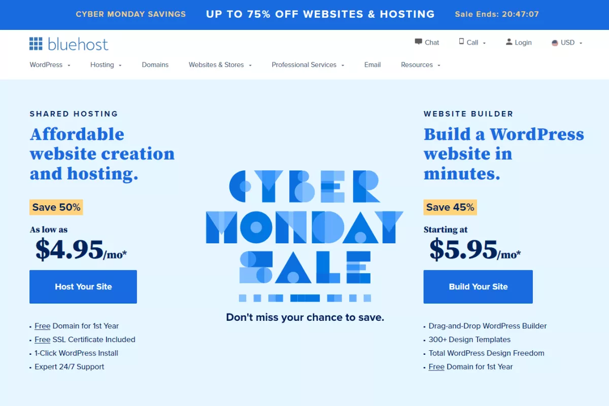 bluehost cyber monday 2021 75% OFF