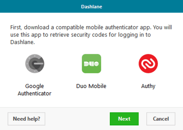 dashlane prompts to download authenticator app for 2fa