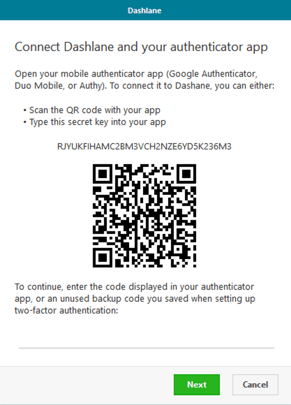 dashlane links with authenticator app with QR