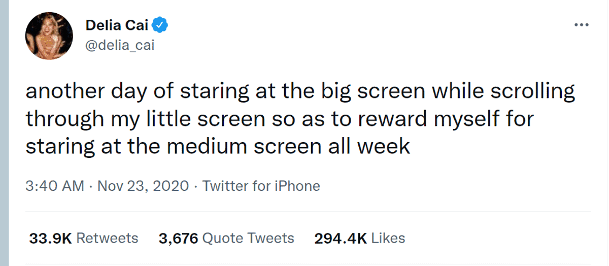 delia cai tweet on twitter about people cannot escape from screens