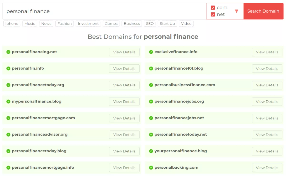 domain wheel generate name ideas with keyword personal finance