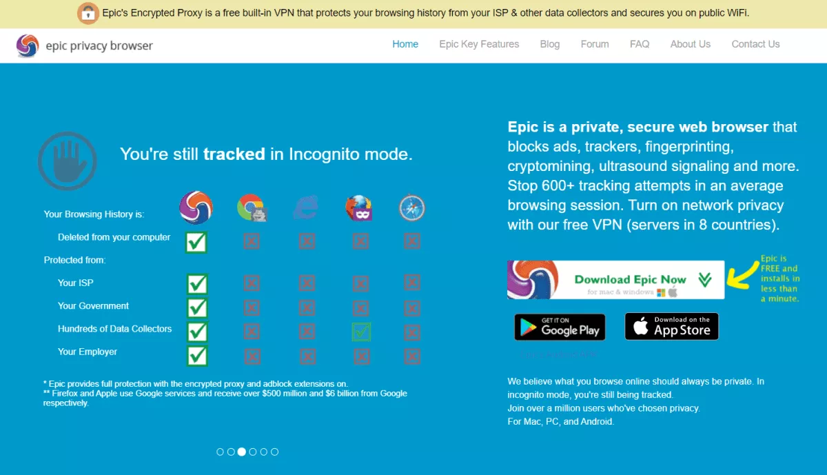 epic privacy browser homepage