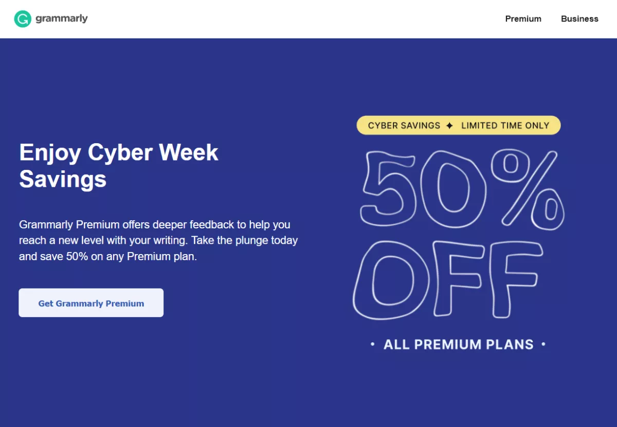 grammarly cyber monday 2021 50% OFF premium plan