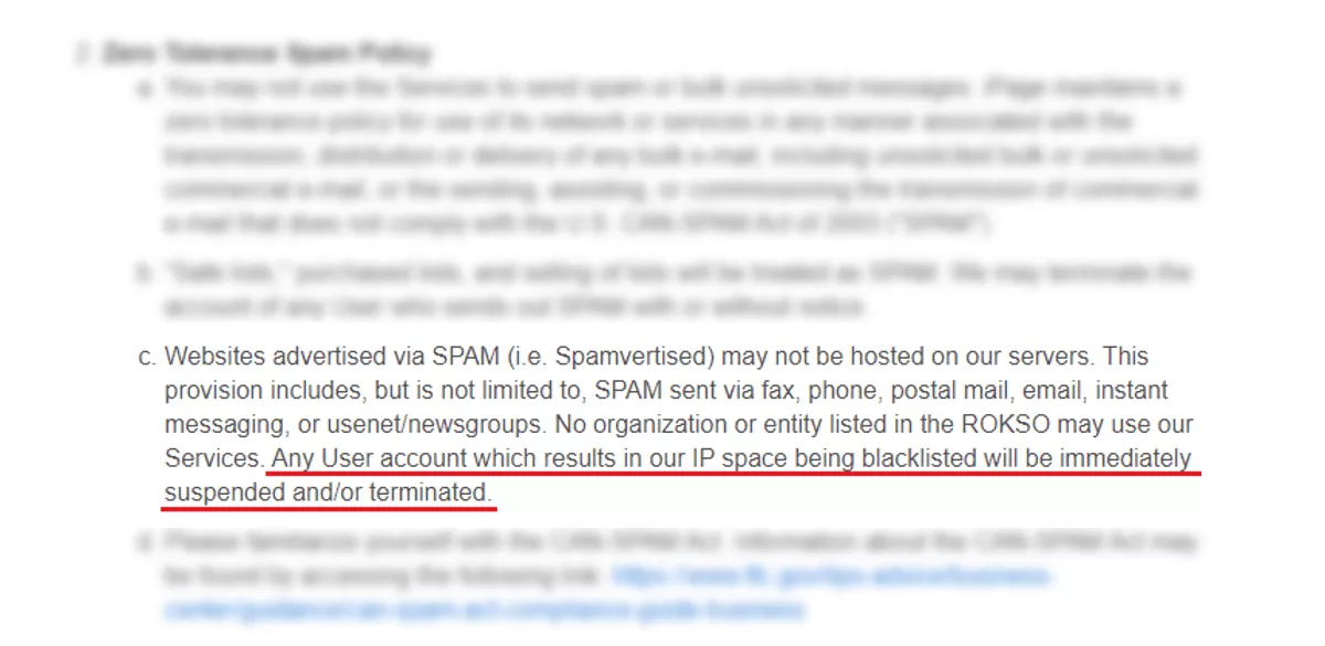ipage spam policy resulting in account termination