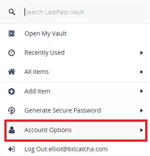 lastpass click account option to access import database