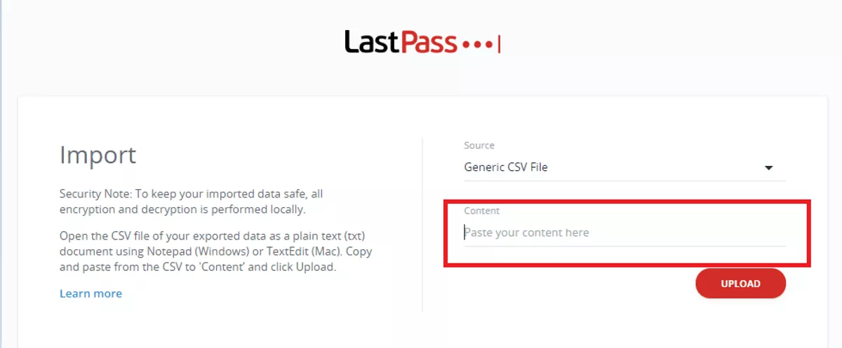 lastpass paste csv file into content to import database