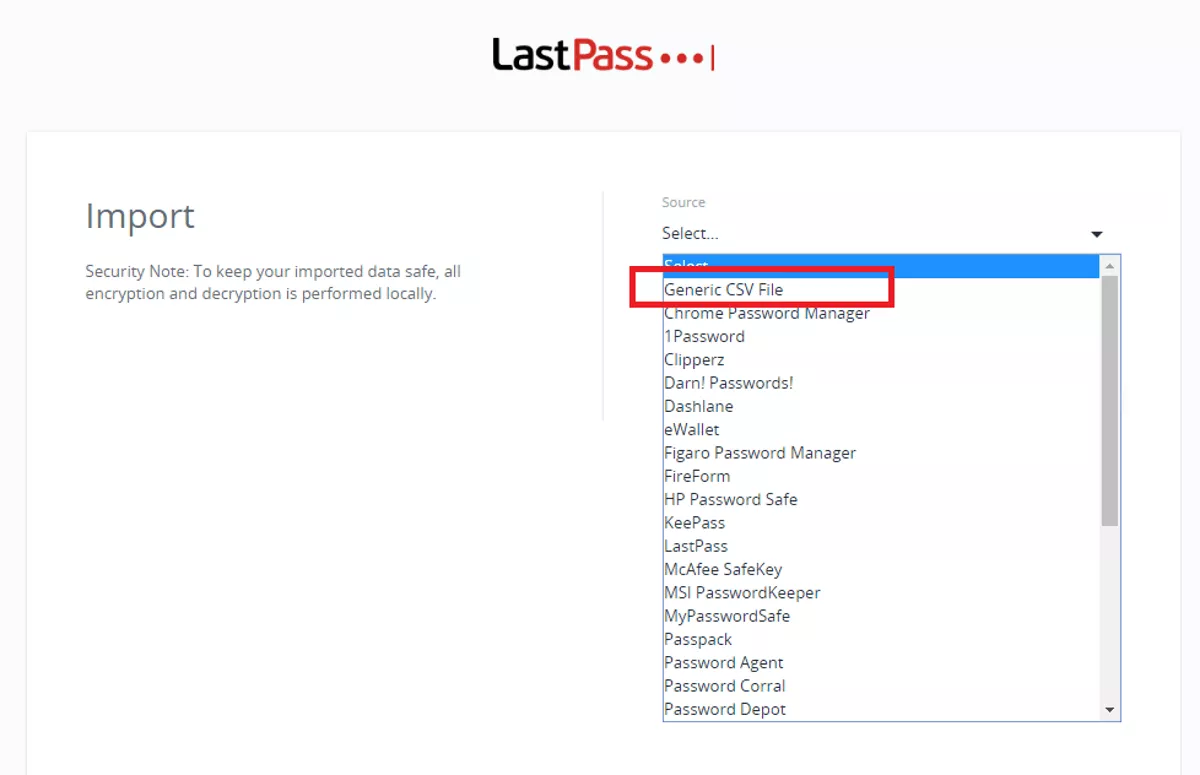 lastpass select generic csv file to import database