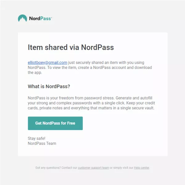 nordpass send notification for shared secure note