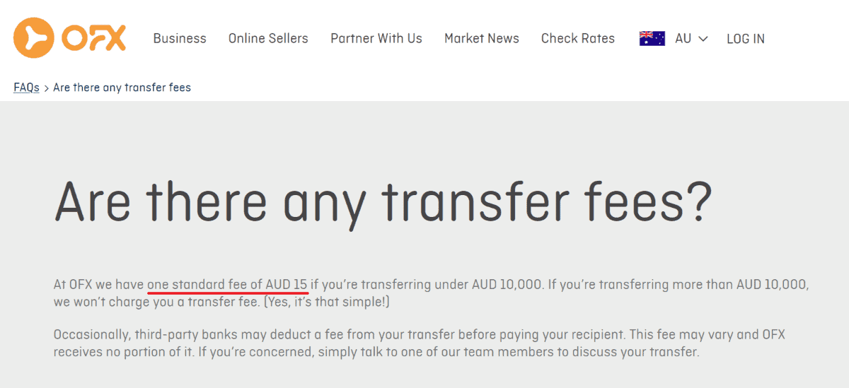 ofc charges a standard fee of AUD 15 if transferring under AUD 10000