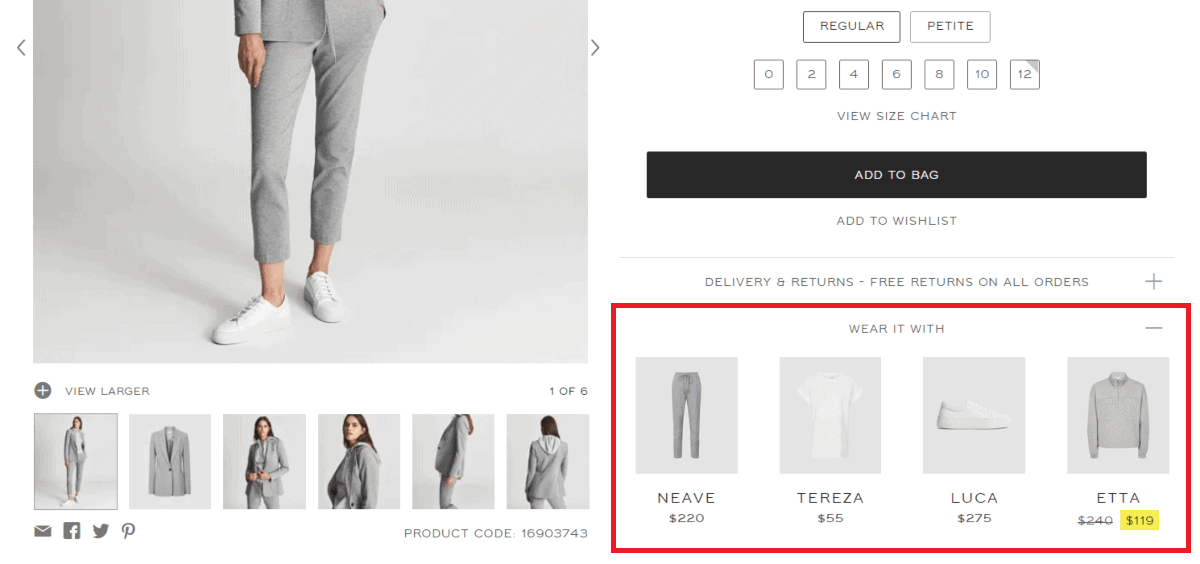 reiss upsells by offering other relevant items to go with a product