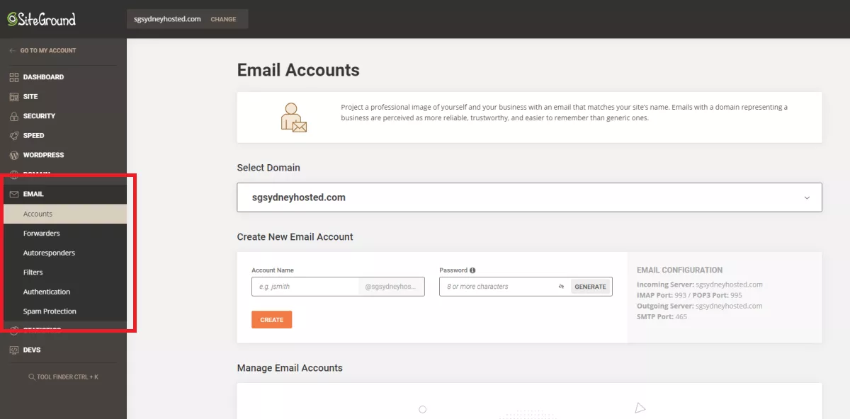 siteground site tool allows email account setup in a few clicks