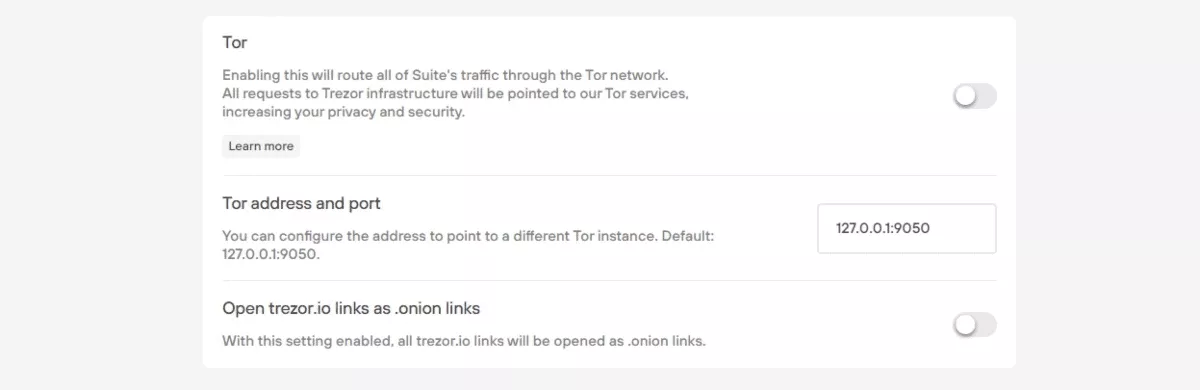 Turn on TOR routing by toggling the option in your Trezor Suite settings