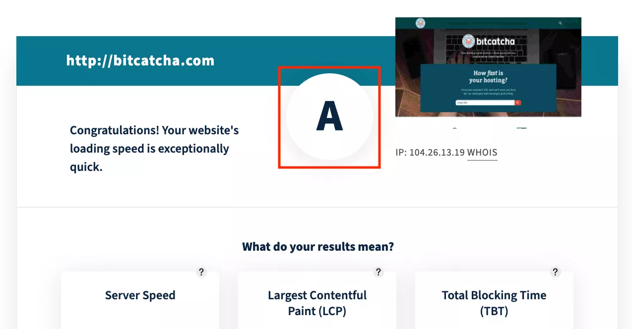 the grade and its description on bitcatcha server speed test report
