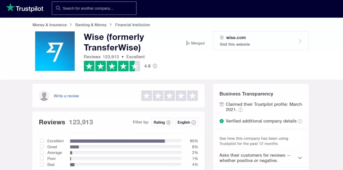 Wise has a solid ratings on Trustpilot