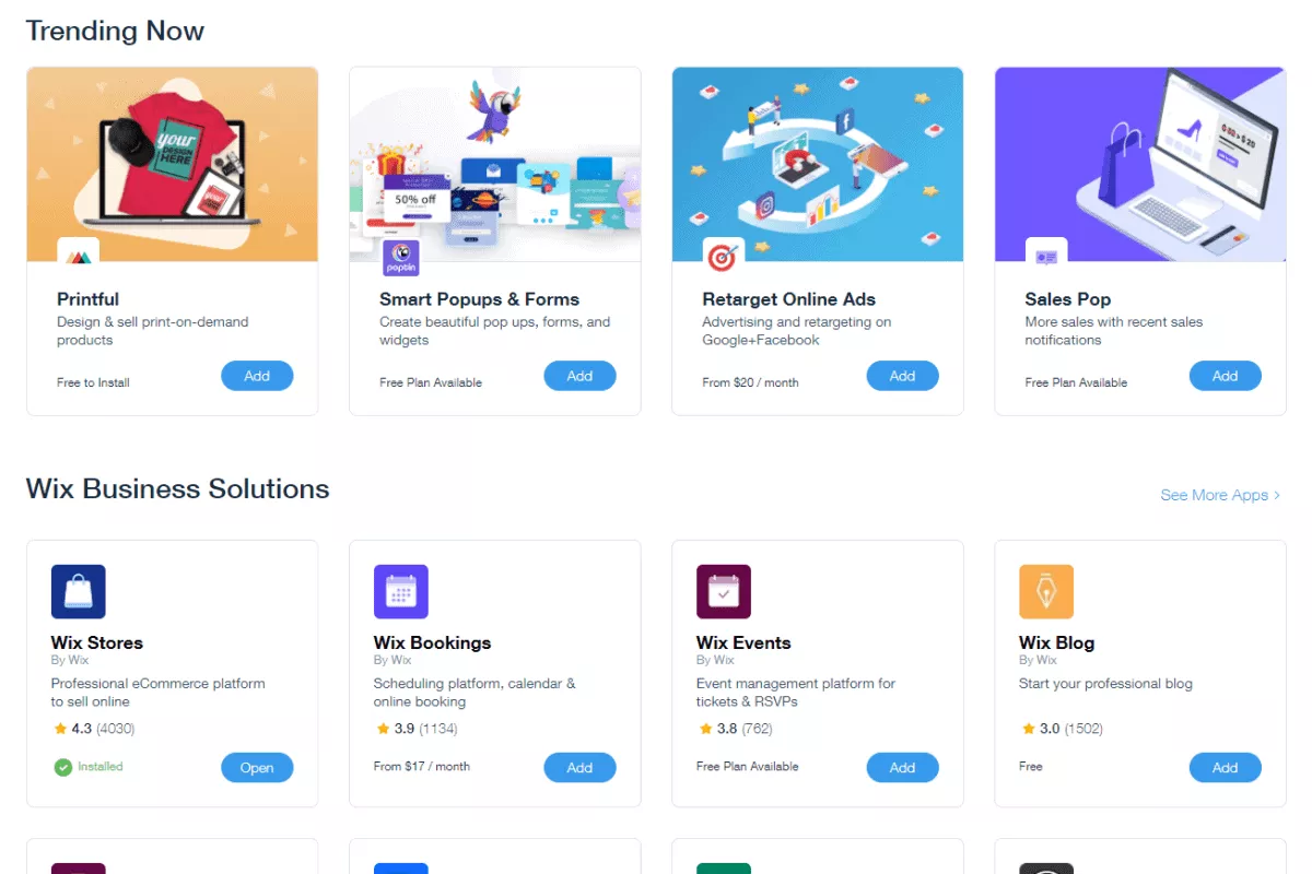 wix has extensive app market
