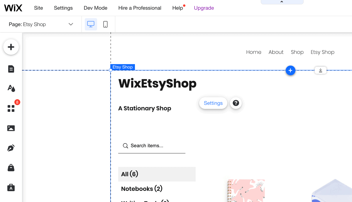 access to etsy setting on wix editor