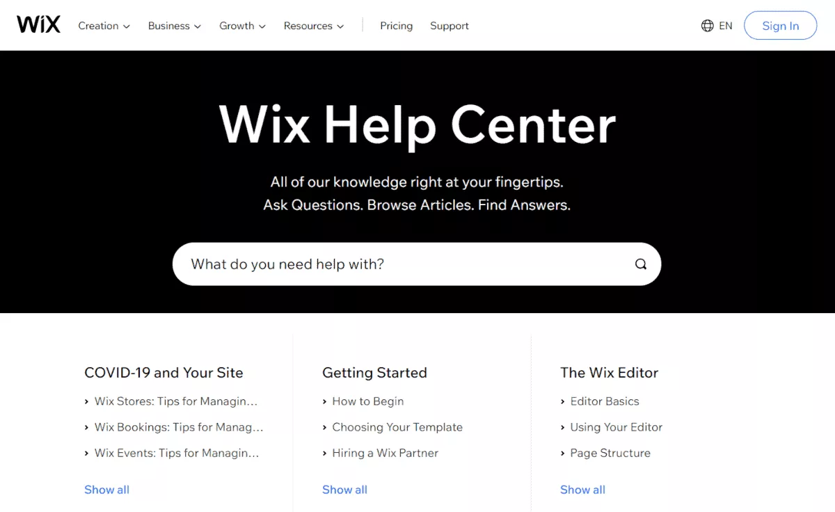 wix help center page